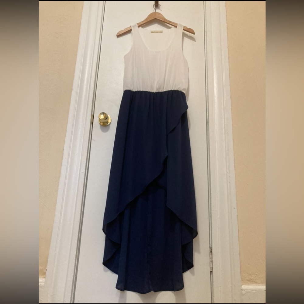 Malloy Sleeveless White and Navy Layered High-Low Dress
